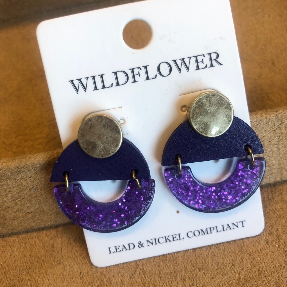 Wood & Acrylic Purple & Gold Geometric Earrings
